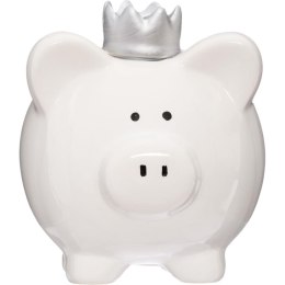 Skarbonka świnka z koroną biała Wykonana z ceramiki, wykończona ozdobną koroną w kolorze srebrnym, idealny pomysł na prezent