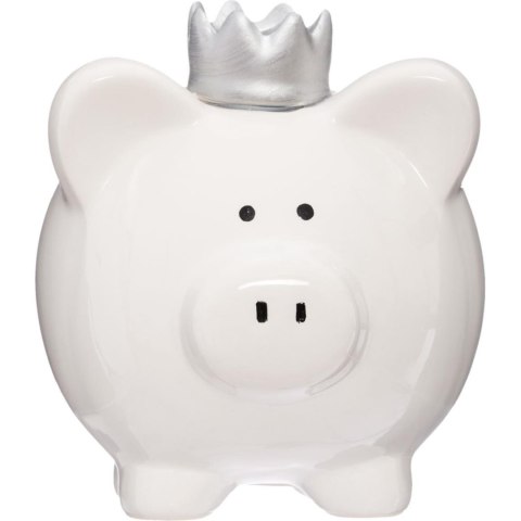 Skarbonka świnka z koroną biała Wykonana z ceramiki, wykończona ozdobną koroną w kolorze srebrnym, idealny pomysł na prezent