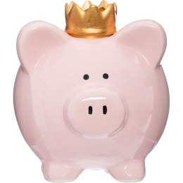 Skarbonka świnka z koroną różowa Wykonana z ceramiki, wykończona ozdobną koroną w kolorze złotym, idealny pomysł na prezent