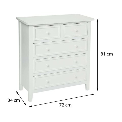 Komoda Charme White Solidna i wytrzymała konstrukcja, posiada pięć szuflad, idealna jako wyposażenie salonu, sypialni, przedpoko