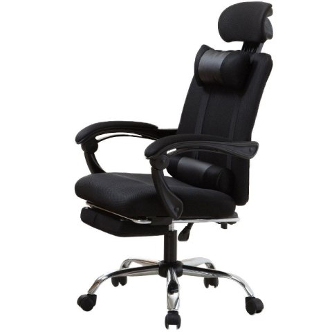 Ergonomiczny, obrotowy fotel z podnóżkiem i zagłówkiem, wentylacja - czarny