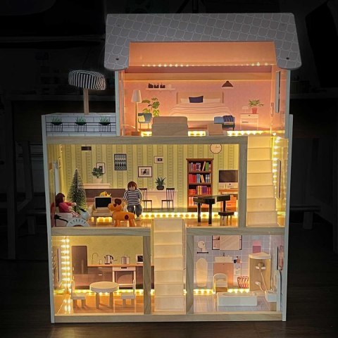 DOMEK DLA LALEK DREWNIANY LED 62x27x77CM + 3 LALKI + 2 ZWIERZĄTKA