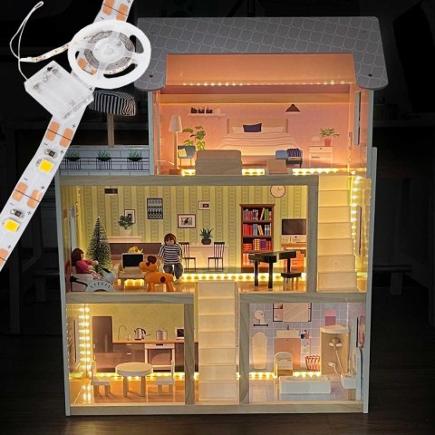 DOMEK DLA LALEK DREWNIANY LED 62x27x77CM + 3 LALKI + 2 ZWIERZĄTKA