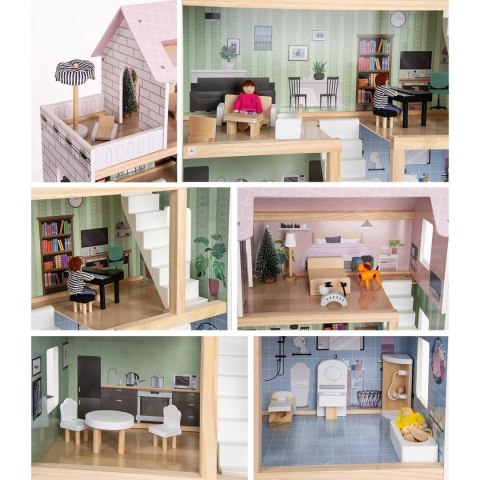 DOMEK DLA LALEK DREWNIANY LED 62x27x77CM + 3 LALKI + 2 ZWIERZĄTKA