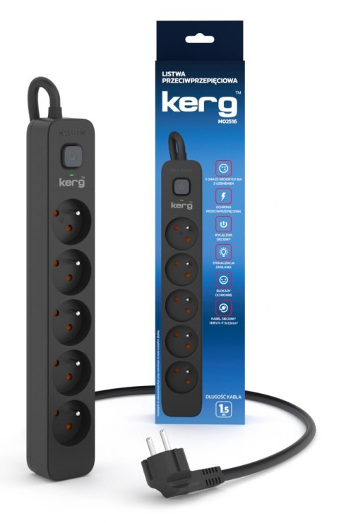 Urządz. zas.-zabezpiecz. KERG z wyłącznikiem-5 gniazd-czarny-1,5m-16A-H05VV-F-3x1,5mm2
