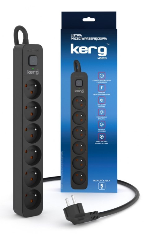 Urządz. zas.-zabezpiecz. KERG z wyłącznikiem-6 gniazd-czarny-5m-16A-H05VV-F-3x1,5mm2