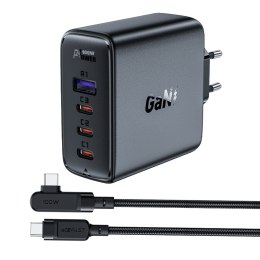 Szybka ładowarka sieciowa GaN 3x USB-C 1x USB-A + kabel kątowy USB-C 100W 2m czarny