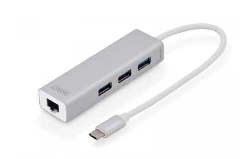 HUB/Koncentrator 3-portowy USB Typ C, 3x USB A HighSpeed z Gigabit LAN adapter, aluminium