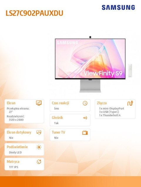 Monitor 27 cali Viewfinity S90PC IPS 5120x2880 5K/UHD+ 16:9 1xminiDP 1xTB4.0 (90W/15W) 3xUSB3.0 WiFi/BT 5ms 60 Hz HAS+PIV gł. pł
