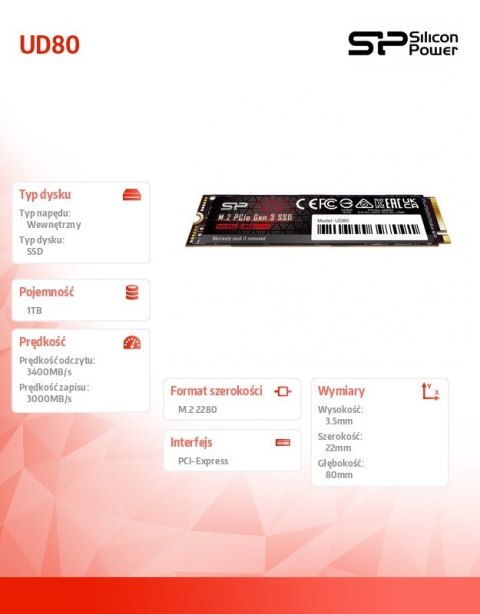 Dysk SSD UD80 1TB PCIe M.2 2280 Gen 3x4 3400/3000 MB/s