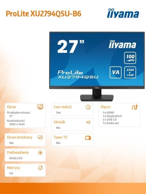 Monitor 27 cali XU2794QSU-B6 VA,QHD,HDMI,DP,100Hz,2xUSB 3.2,2x2W