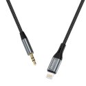 Kabel audio AUX w oplocie bawełnianym iPhone Lightning - mini jack 3.5mm 1m szary