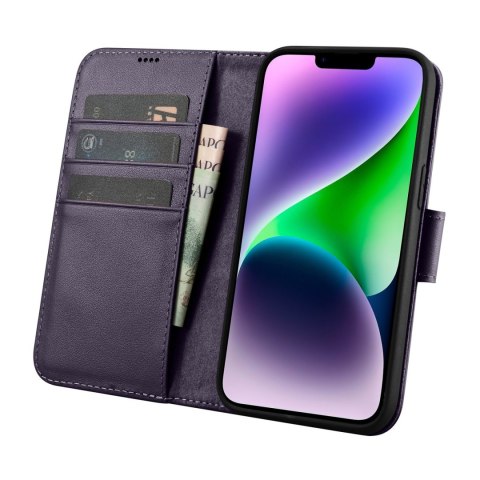 2w1 etui skórzany pokrowiec z klapką iPhone 14 Plus Anti-RFID Wallet Case ciemnofioletowy