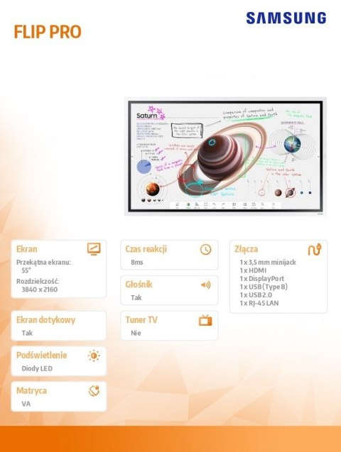 Monitor profesjonalny WM55B FLIP PRO 55 cali Dotykowy 16h/7 350(cd/m2) 3840x2160 (UHD) Flip App USB-C Wi-Fi/BT 3 lata On-Site (