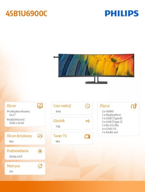 Monitor 45 cali 45B1U6900C VA Curved HDMIx2 DP USB-C HDR KVR HAS Głośniki