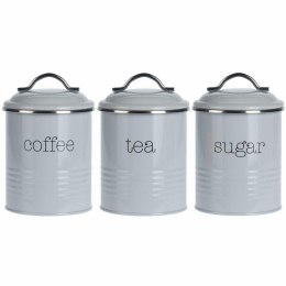Komplet puszek kuchennych - szary Zestaw trzech pojemników kuchennych z przykrywkami wykonanych z metalu na herbatę, kawę i cuki