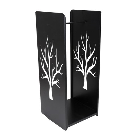 Kosz na drewno z wyciętym wzorem Drzewo Wykonany z metalu, bogato zdobiony, kolor czarny