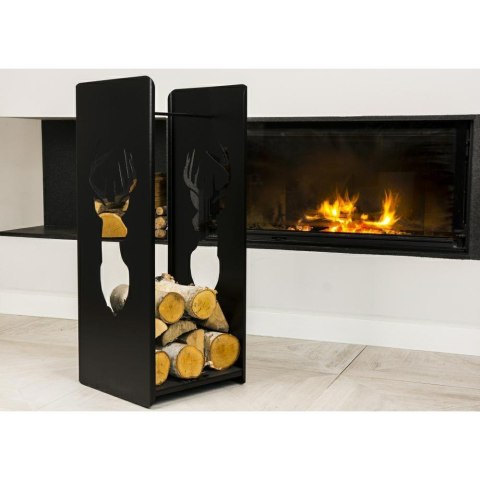 Kosz na drewno z wyciętym wzorem JeleńWykonany z metalu, bogato zdobiony, kolor czarny