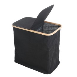 Kosz na pranie dwukomorowy czarny Pojemnik łazienkowy z pokrywą, na bieliznę i ubrania, składany, z bambusową obręczą o wymiarac