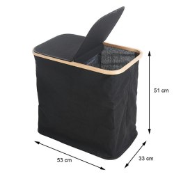 Kosz na pranie dwukomorowy czarny Pojemnik łazienkowy z pokrywą, na bieliznę i ubrania, składany, z bambusową obręczą o wymiarac