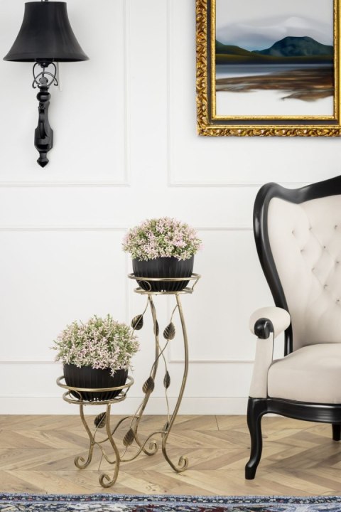 Kwietnik metalowy na dwie donice Julyan Wykonany z metalu, solidny stojak na doniczki solidny i wytrzymały w kolorze czarno złot