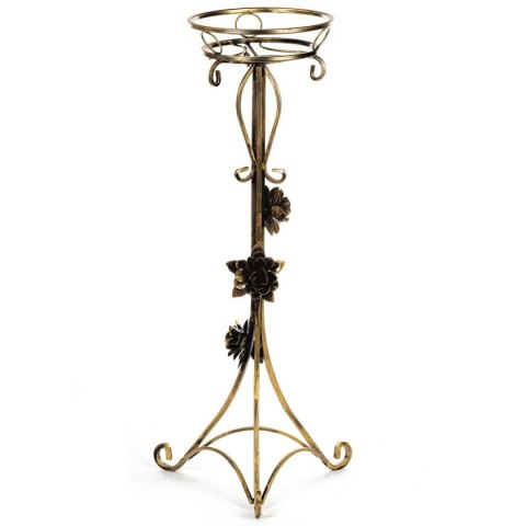 Kwietnik metalowy ozdobiony różami 95 cm Wykonany z metalu, solidny stojak na jedną donicę, kolor czarny w patynie złotej