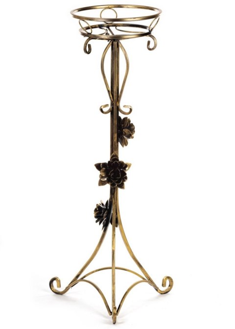 Kwietnik metalowy ozdobiony różami 95 cm Wykonany z metalu, solidny stojak na jedną donicę, kolor czarny w patynie złotej