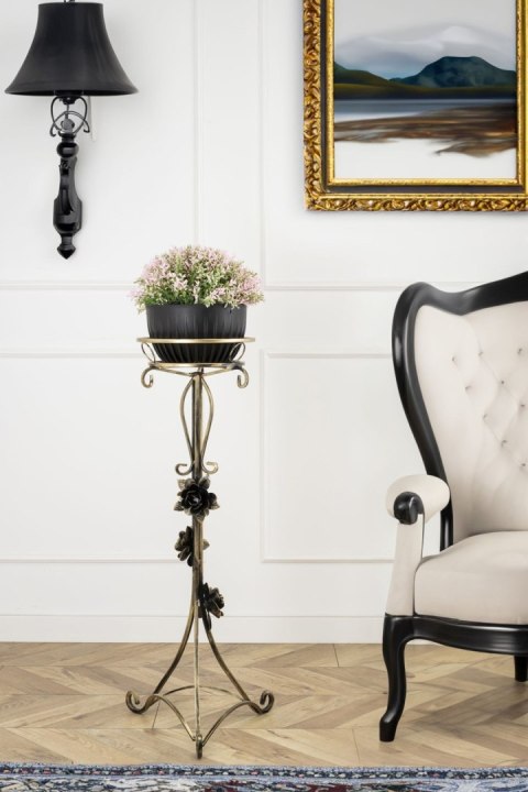 Kwietnik metalowy ozdobiony różami 95 cm Wykonany z metalu, solidny stojak na jedną donicę, kolor czarny w patynie złotej