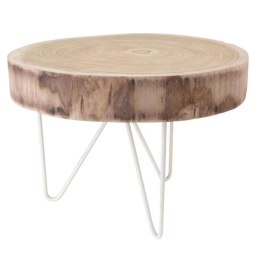 Okrągły mini stolik kawowy na 3 nogach 42 cm Drewniany blat w naturalnym kolorze, białe, metalowe nogi