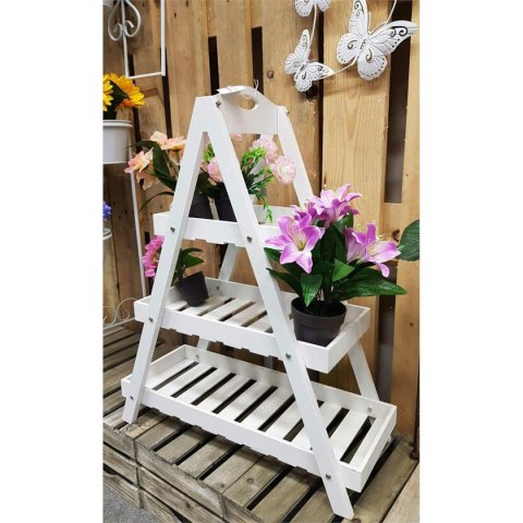 Regał drewniany drabina 3 poziomy biały Stojak drewniany pełniący funkcję regału lub stojaka na kwiaty o wymiarach: 68x57x24 cm