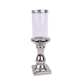 Świecznik Maseru 31 cm mały wykonanie tworzywo ceramiczne, szklany klosz, kolor srebrny, średnica 9 cm