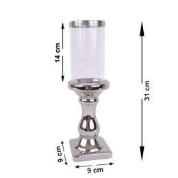 Świecznik Maseru 31 cm mały wykonanie tworzywo ceramiczne, szklany klosz, kolor srebrny, średnica 9 cm