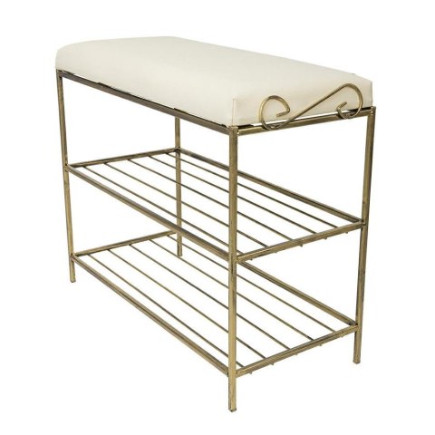 Złota półka na buty z pufą wzór Esy Wykonany z metalu, stylowa szafka na buty z siedziskiem w kolorze czarnym w patynie złotej