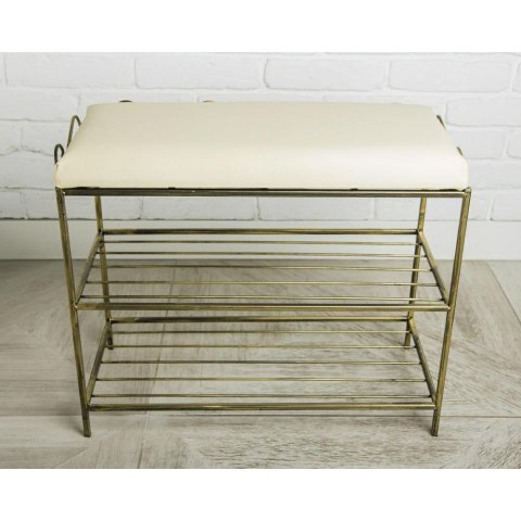 Złota półka na buty z pufą wzór Esy Wykonany z metalu, stylowa szafka na buty z siedziskiem w kolorze czarnym w patynie złotej