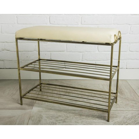 Złota półka na buty z pufą wzór Esy Wykonany z metalu, stylowa szafka na buty z siedziskiem w kolorze czarnym w patynie złotej