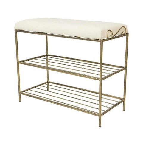 Złota półka na buty z pufą wzór Esy Wykonany z metalu, stylowa szafka na buty z siedziskiem w kolorze czarnym w patynie złotej