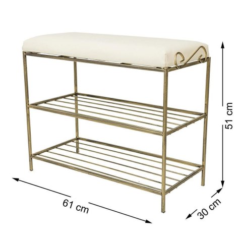 Złota półka na buty z pufą wzór Esy Wykonany z metalu, stylowa szafka na buty z siedziskiem w kolorze czarnym w patynie złotej