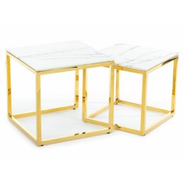 Komplet dwóch stolików Gold Light Wykonanych ze stali nierdzewnej w kolorze złotym, białe blaty z hartowanego szkła
