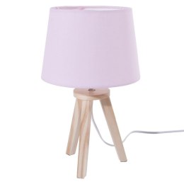 Lampka nocna z różowym abażurem 31 cm Na 3 drewnianych nogach w naturalnym kolorze, okrągły materiałowy abażur, idealna do pokoj