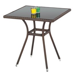 Ogrodowy stół Mobil ze szklanym blatem Konstrukcja stolika wykonana z rattanu syntetycznego w kolorze ciemnobrązowym, blat czarn