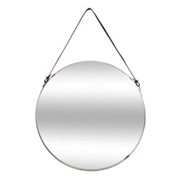 Okrągłe lustro ścienne na pasku 38 cm Metalowa rama w kolorze czarnym, pasek z eko skóry, stylowy i funkcjonalny dodatek do wnęt