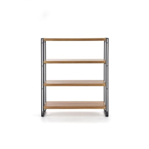 Regał Bolivar dąb złoty czarny Wykonany z połączenia MDF i stali malowanej proszkowo, 4 poziomy, w stylu industrialnym