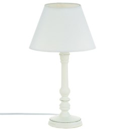 Drewniana lampka nocna Leo biała 36 cm Frezowana podstawa i tekstylny abażur, biała kolorystyka, idealny dodatek do salonu lub s