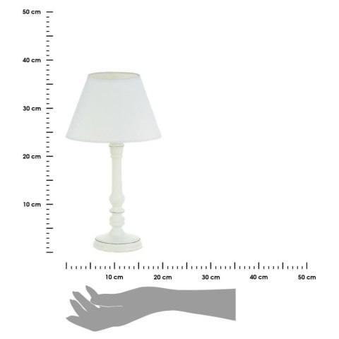 Drewniana lampka nocna Leo biała 36 cmFrezowana podstawa i tekstylny abażur, biała kolorystyka, idealny dodatek do salonu lub sy