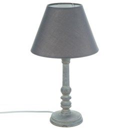 Drewniana lampka nocna Leo szara 36 cmFrezowana podstawa i tekstylny abażur, szara kolorystyka, idealny dodatek do salonu lub sy