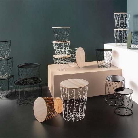 Druciany stolik kawowy Kumi czarny Metalowa podstawa w kolorze czarnym, blat wykonany z płyty MDF o strukturze naturalnego drewn