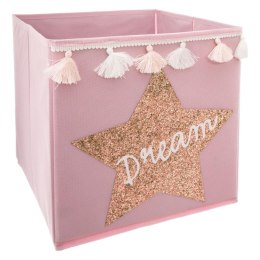Kosz tekstylny na zabawki Dream cekiny W kolorze różowym z białymi frędzelkami, składany i wygodny w przechowywaniu, funkcjonaln