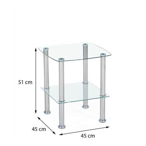 Ława Canaria transparentnaStelaż wykonany ze stali nierdzewnej w kolorze srebrnym, szklany blat i półka, mebel do samodzielnego 