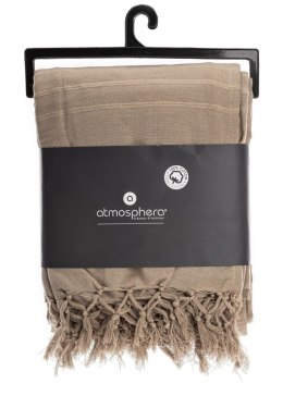 Narzuta na łóżko 160x220 frędzle beżowaBeżowa narzuta na łóżko wykonana w 100% z bawełny, wykończona kosmykami frędzli, ciepła i