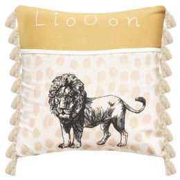 Poduszka dekoracyjna dla dziecka Lion Wykonana z połączenia bawełny i poliestru, ozdobiona frędzlami, wymiary 40x40 cm